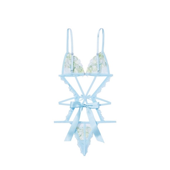 Victoria Secret Lingerie Teddy OnePiece Bodysuit Blue Yellow Floral Lemons Sheer - Picture 4 of 16